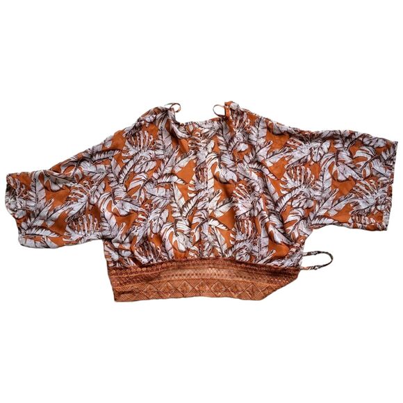 TIMING Blouse Womens XL Orange Wide Sleeve Lace Tie Front Tropical Print Boho - Picture 1 of 7